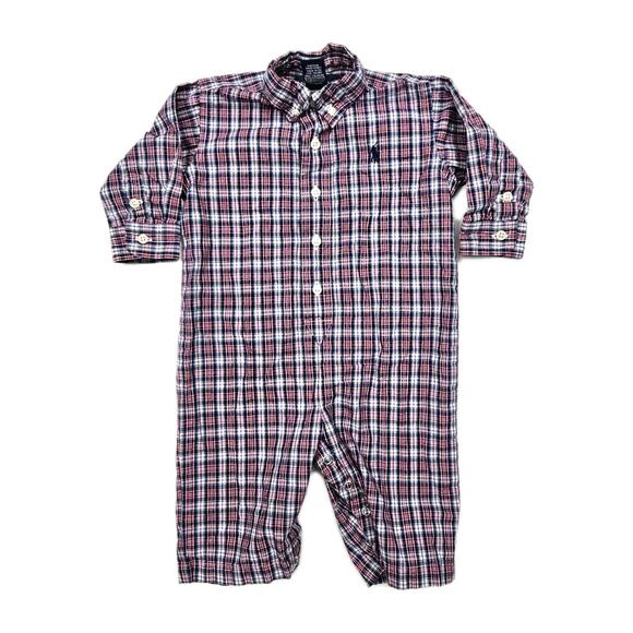 ralph lauren baby boy 9 months romper Long Sleeve Logo Red Plaid - Picture 1 of 6